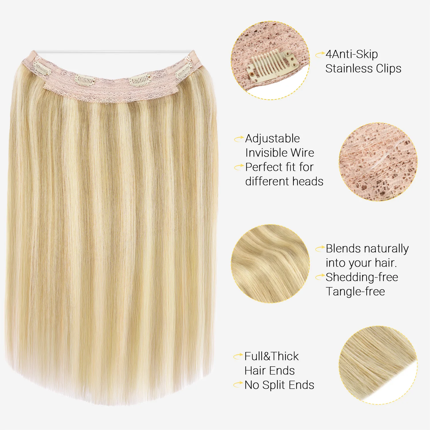 Sunmofavo Invisible Wire Halo Hair Extensions 100% Remy Human Hair Fish Line with 4 Anti-slip Secure Clips Golden Blonde Highlights Seamless Hairpiece for Women Daily Party Occasion Wear Instant Volume - view 3