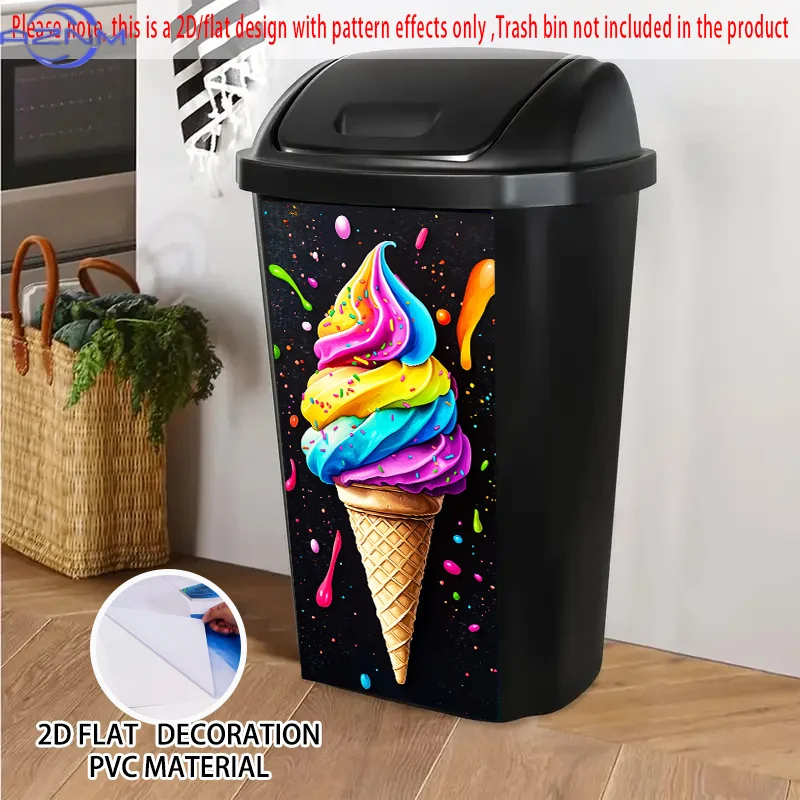 1pc 2D/FLAT, Self-Adhesive Dustbin Stickers with Rainbow Ice Cream Pattern, ×, Decorated with Colorful Cone And Candies, Dustb