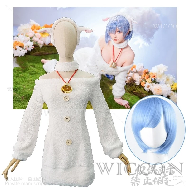 Re: ontariCosplay Costume pour femme, Ram Rem, robe de mouton à fourrure, perruques bleues, sexy, belle Lolita Cos, Halloween, filles, Noël