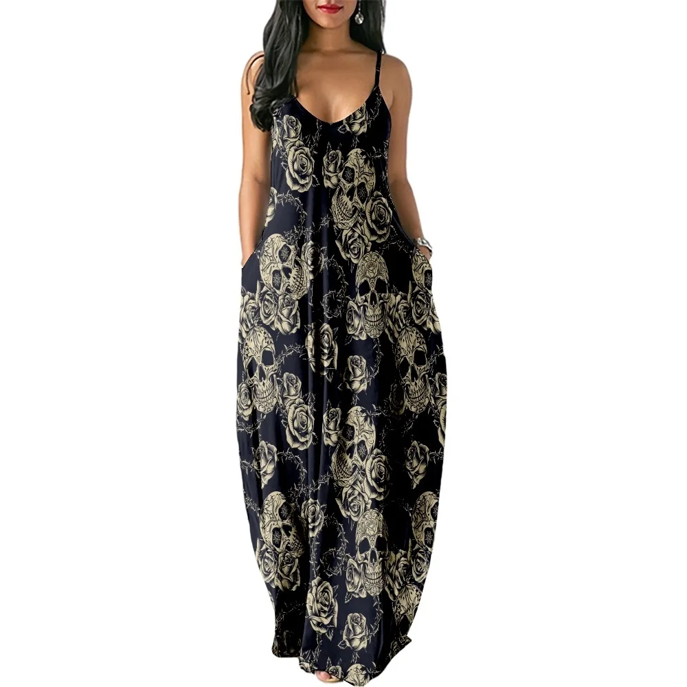 2022 Floral schädel Druck Frauen Casual Kurzarm Leibchen Kleid Lose Lange Doppelte Tasche Strand Resort Kleid-Frau Kleid