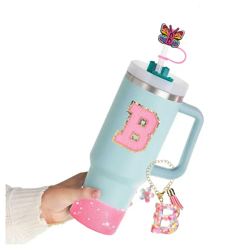 Pink Cup Accessories Set for  Cup 30 oz 40 oz Tumbler with Handle,including Butterfly Straw Cover Cap with Letter Handle Charm C