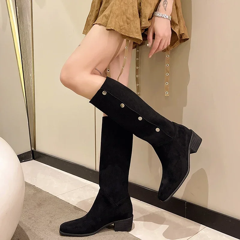 Western Cowboy Boots Women Autumn Square Toe Thick Heel High Knee Boots Woman Suede Fabric Long