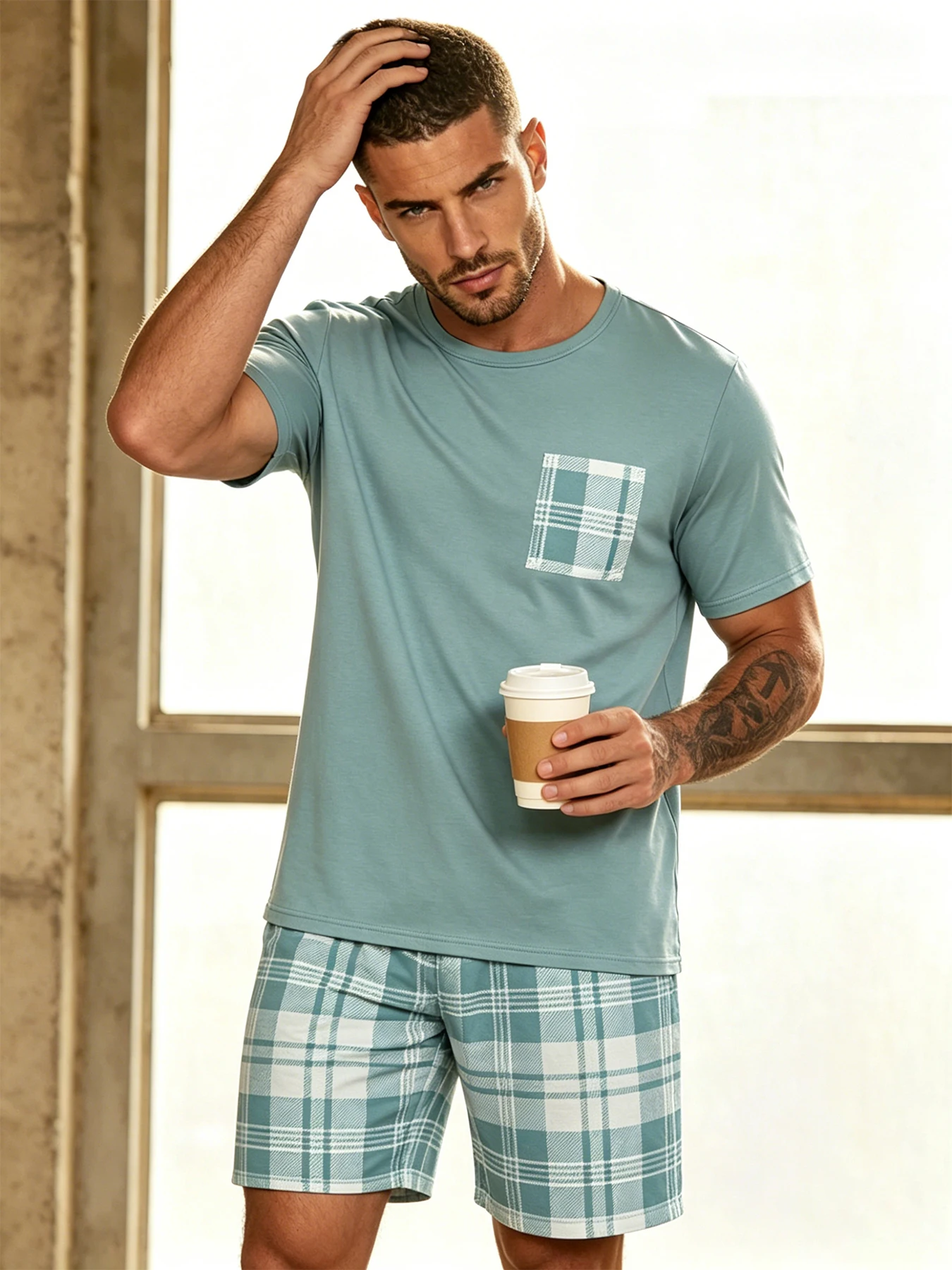 Kariertes Herren-Pyjama-Set, Rundhalsausschnitt, kurzärmliges Oberteil und elastische Shorts, hautfreundlicher Stoff, bequeme, entspannte Passform, Loungewear-Pjs – Detail 17