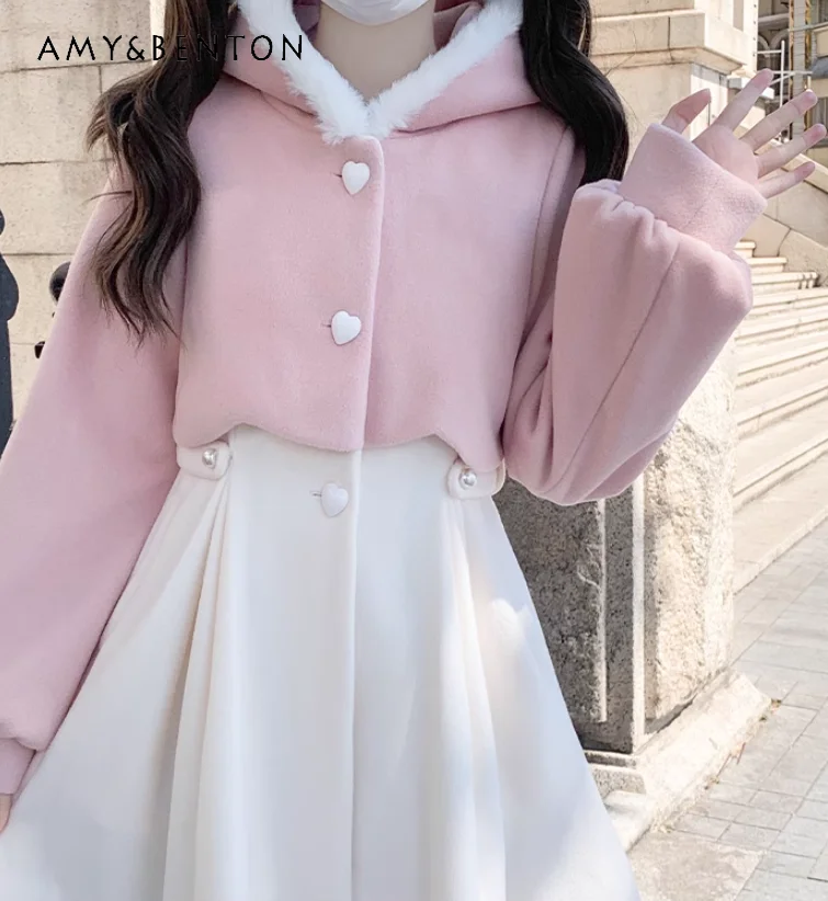 Lolita Coat Women Winter Jacket Sweet Lantern Sleeve Fur Collar Hood Coats Kawaii Pink and White Color Matching Woolen Overcoat