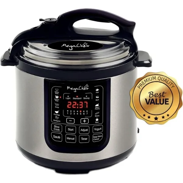 Panela de pressão digital MegaChef, MCPR120A, 8 quart, 13 recursos multifuncionais pré-definidos, Aço inoxidável