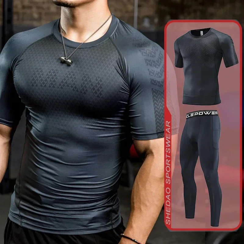 2pcs Set Men Running Compression Sportswear Gym Jogging Leggings Fitness Tight Sport T-shirt Pants Outdoor Sweatpants