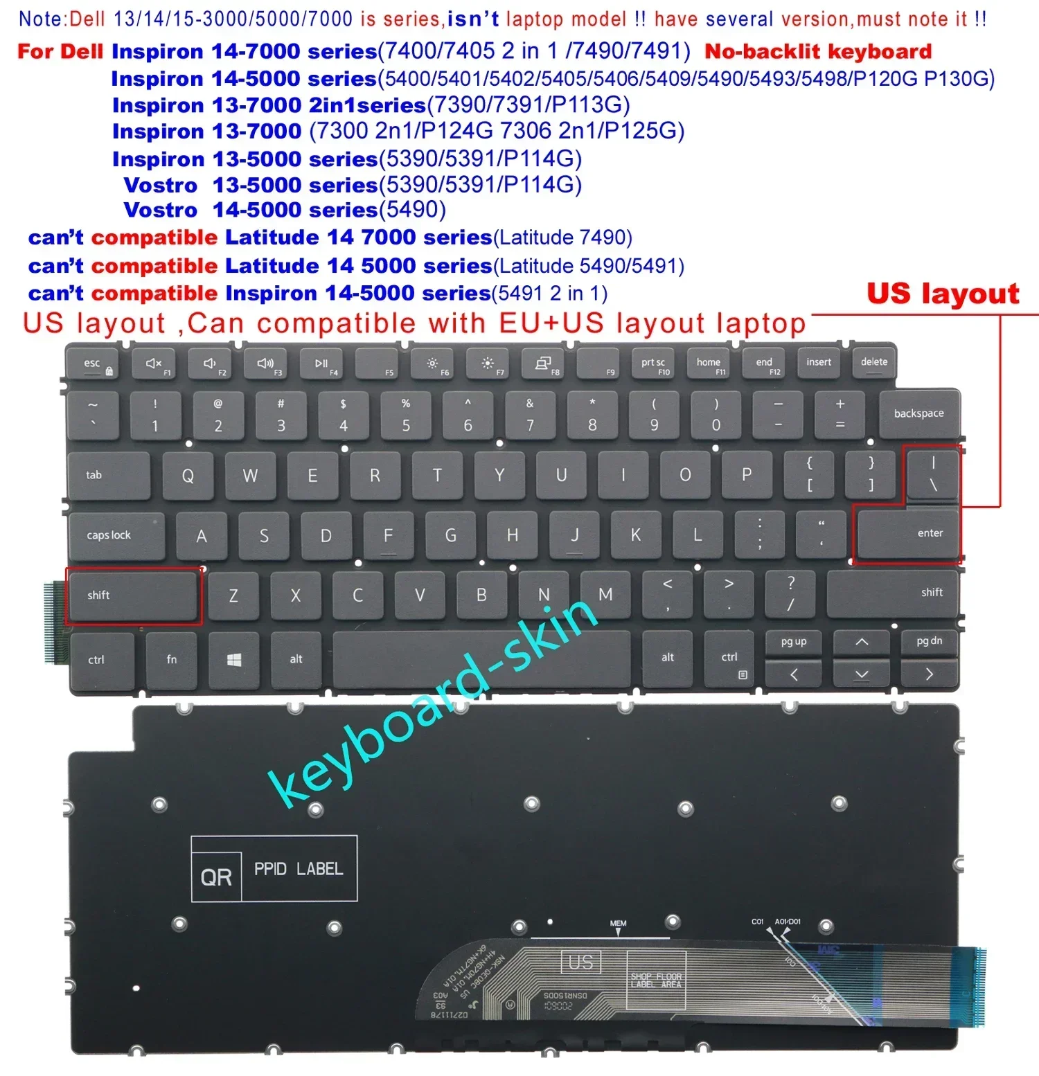Nuevo Teclado Americano sin Retroiluminación para Dell Inspiron 13 5390 5391 P114G 7390 7391 P113G 7300 7306 2n1 P124G P125G Vostro 5390 5391 5490