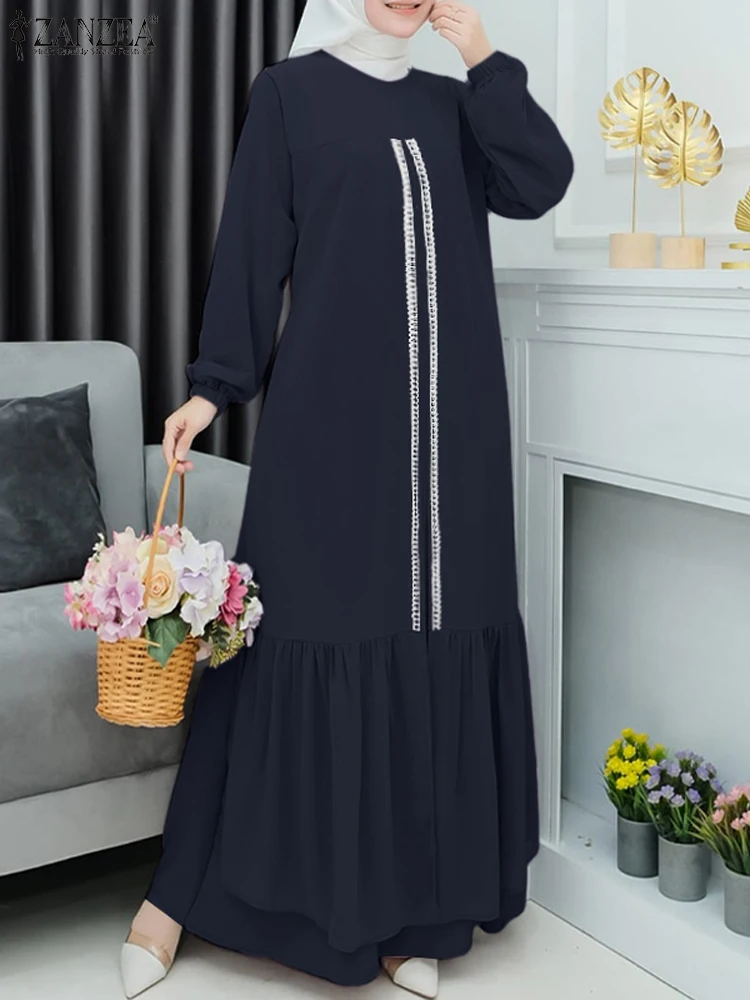 ZANZEA Long Sleeve Ruffled Hem Maxi Dress O Neck Women Muslim Lace Panels Abaya Robes Islamic Hijab Loose Casual Autumn Vestidos