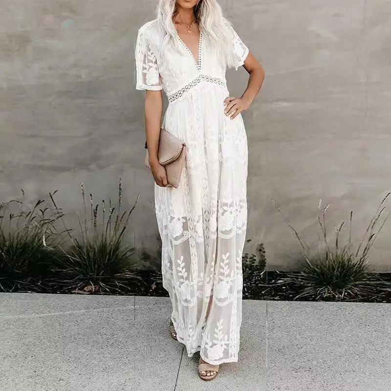 Women\'s Dress White Lace Hollow Out Cotton Sundress Lace Sleeveless Long Splicing Summer Party Elegant Evening Woman Clothes