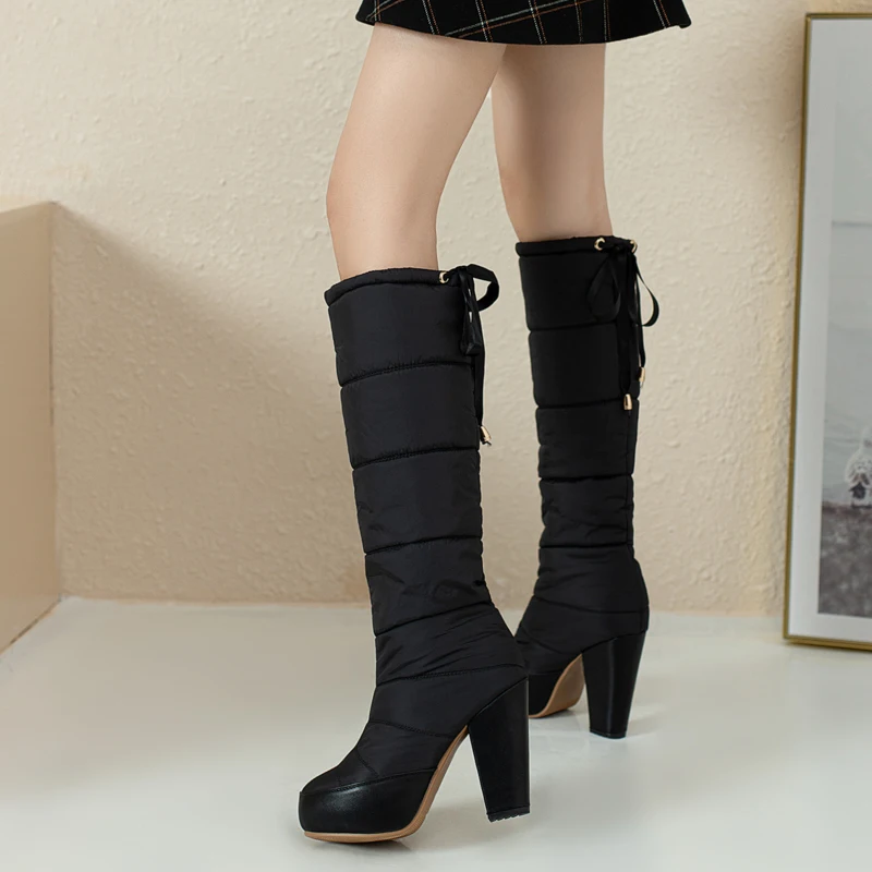 

Thick-Heeled Down Fabric Warm Snow Boots Waterproof Platform Blue Casual Knee-Length Boots Red Winter Ladies Shoes