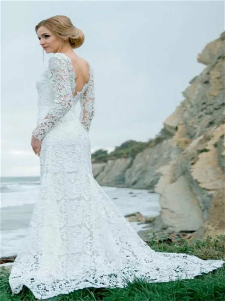 Mermaid Deep V Back Lace Boat Fishtail Floor Standing Elegant Long Sleeve Wedding Dress 2023 Evening Gown