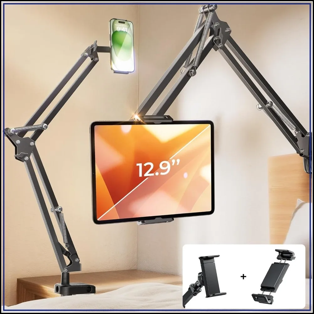 

Ultra Sturdy Tablet Stand with 2 Clamps for Desk Mount, Compatible with iPad Air, iPad 12, iPhone 17e, 4-13" Devices (Black)