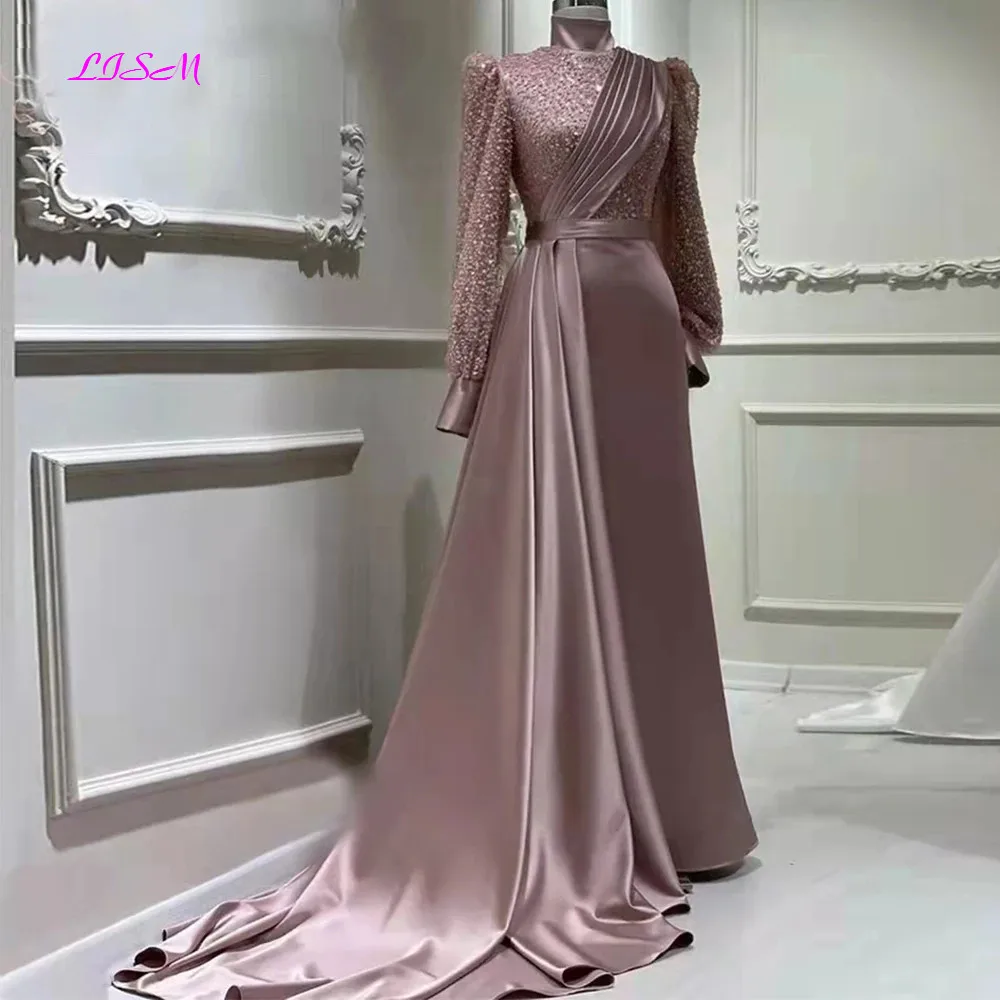 Elegant มุสลิมสีชมพูลูกปัดชุดราตรีผู้หญิงคอยาวแขนยาว A-Line ชุดราตรีอย่างเป็นทางการ Gowns งานแต่งงาน