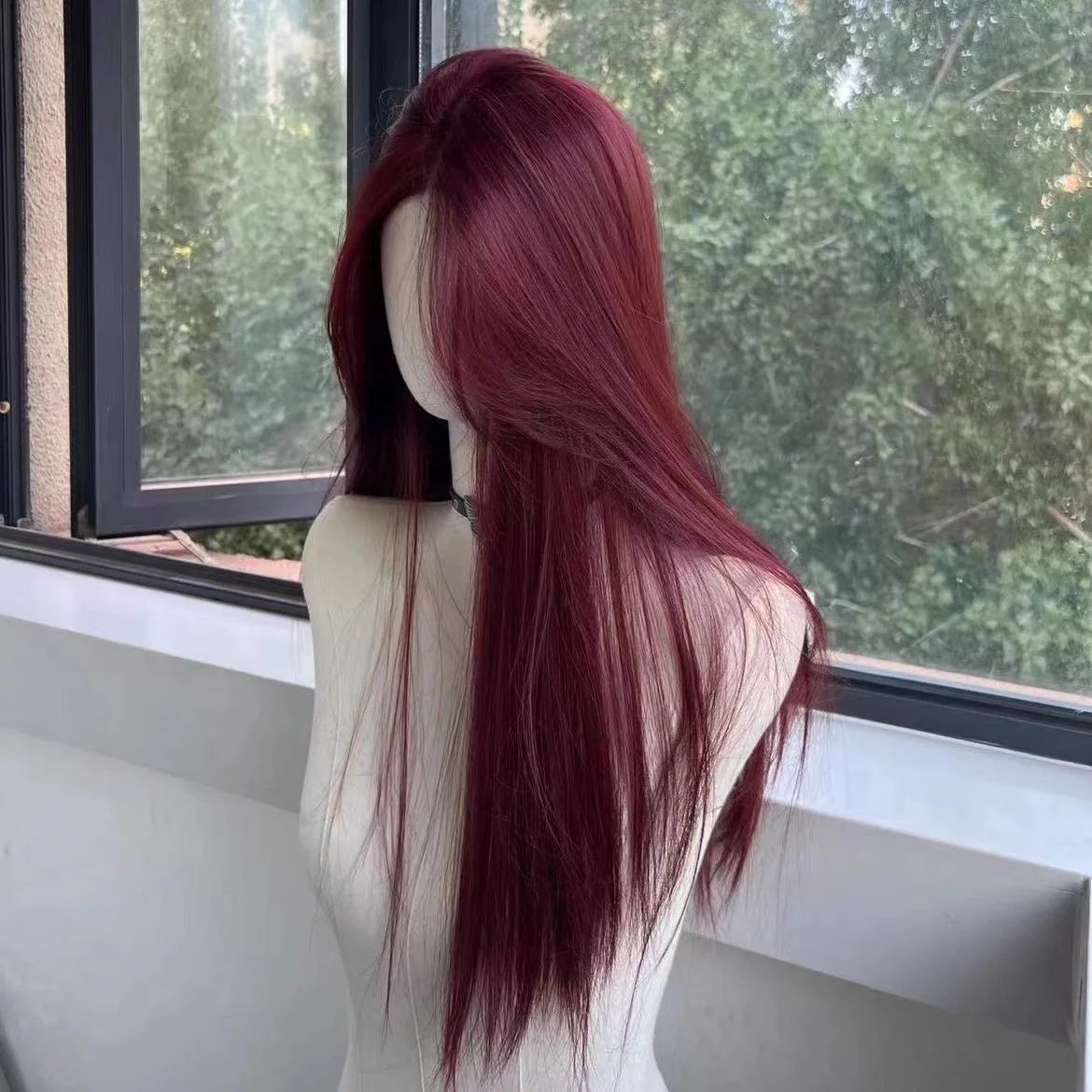 Synthetic Raspberry Red Lace Front Hand-Tied Long Straight Wig Middle Part French Style Full Wig for Cosplay Party Daily Wear