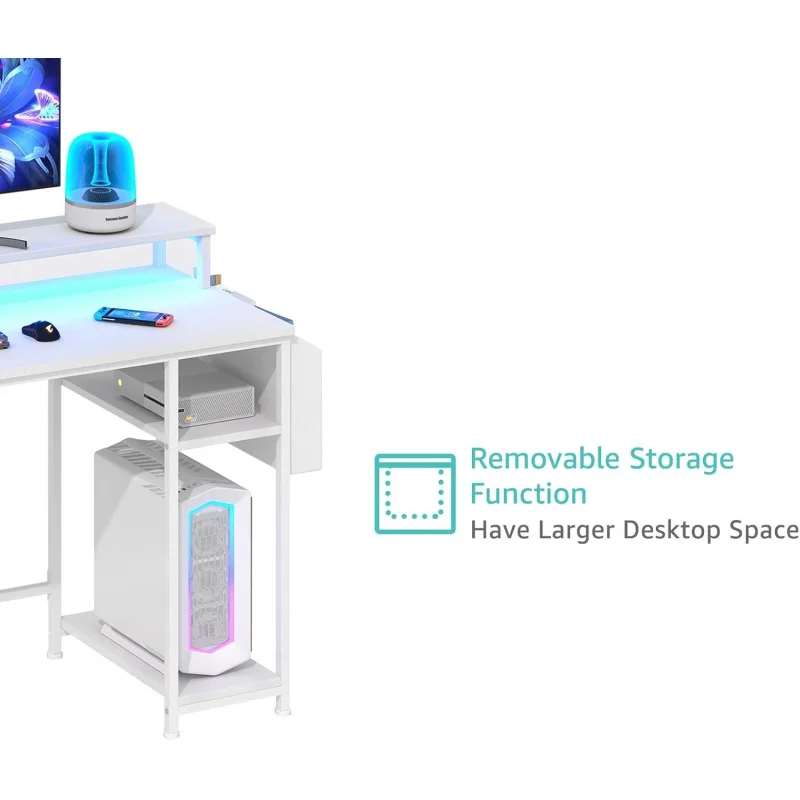 (UUX) خزانة أدراج ملفات الكمبيوتر البيضاء، مكتب مكتب منزلي مقاس 55 بوصة مع أرفف حامل شاشة، دراسة الكتابة Gamin UQ #3