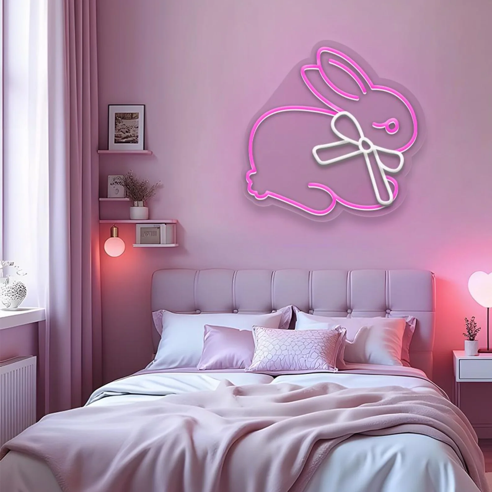 Bunny with Bow Neon Sign for Bedroom Decor Wall Led Neon Sign Backdrop Flex Bar Wedding Living Room Shop Store Gifts