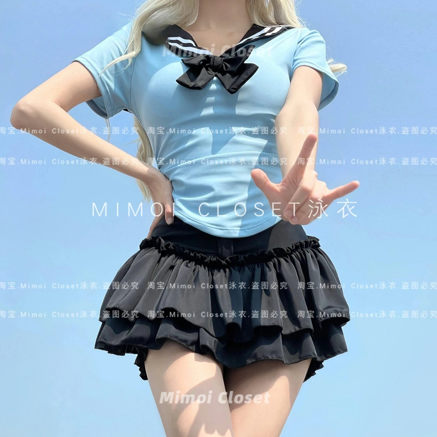 الحلو توتو تنورة البحرية نمط قصيرة الأكمام تنورة مجموعة البكيني 2025 جديد الصيف شاطئ البحر عطلة السعودية زي سباحة من قطعتين للفتيات #4