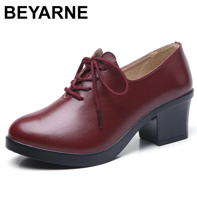 BEYARNE 스플릿 가죽 스퀘어 블록 힐 레이스 업 플랫폼 여성용 펌프 6cm 여성화 Tacones Mujer High Heels Ladies Spring