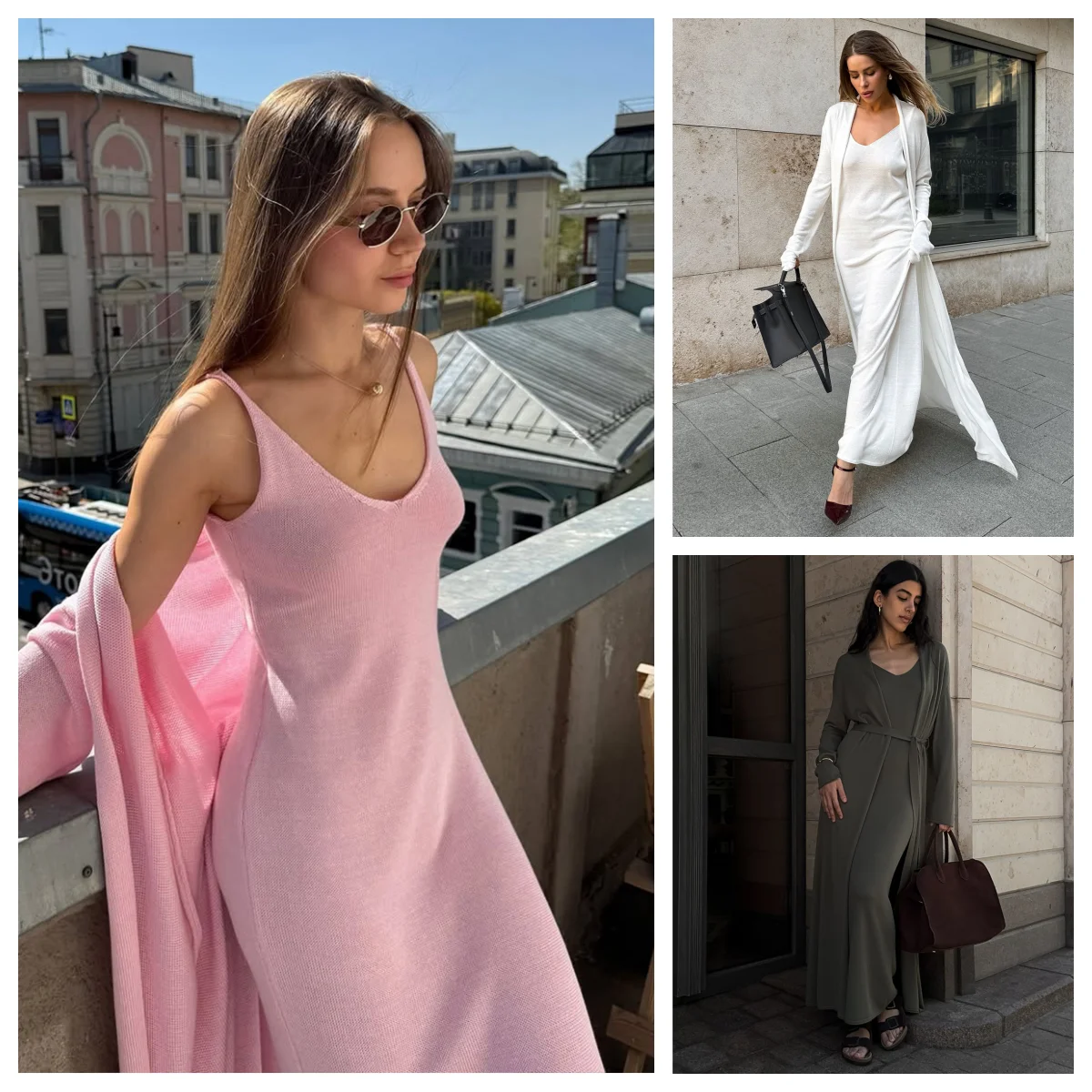 

2025 Women 2 Piece Solid Knitted Dress Set - Spaghetti Strap Long Dress & Long Sleeve Cardigan Casual Fashion Female Outfits