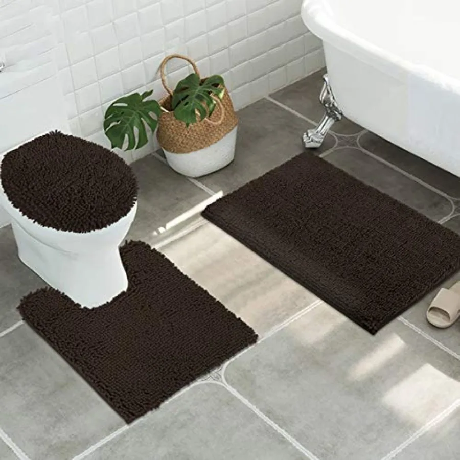 

3pc Non-Slip Shaggy Chenille Baroom Mat Set ludes 24"x2" U-Shed Contour Toilet Ru34"x2" Bamat and Toilet Lid Cover Chote Brown