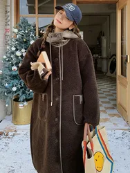 LANMREM Elegante Lungo Cappotto di Lana di Agnello da Donna Con Cappuccio Monopetto Color Block Cappotti Allentati Femminile 2024 Inverno Nuovo 2Z3120