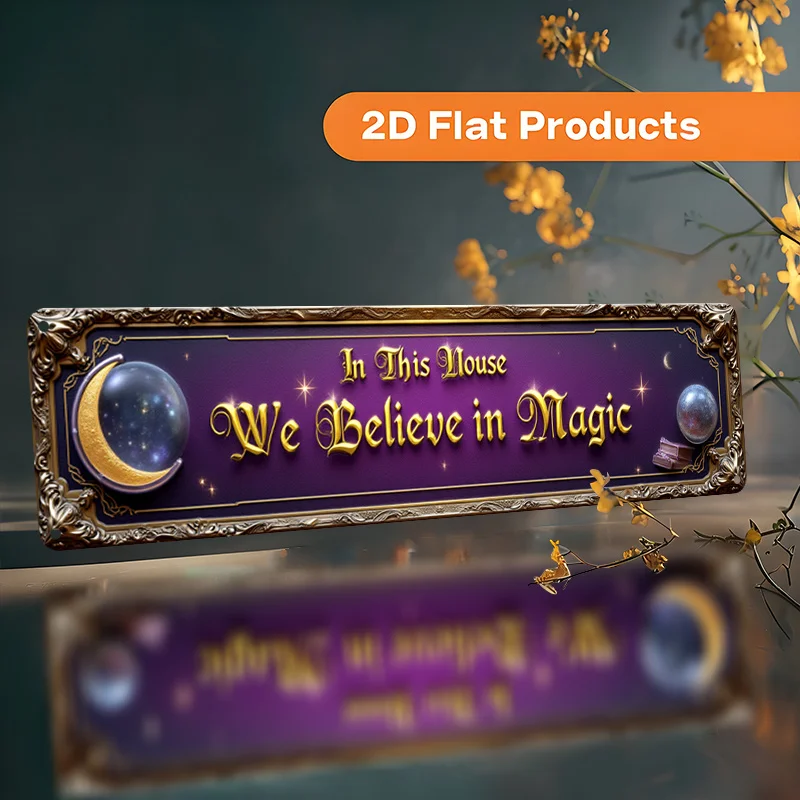 2D Flat - 1pc 2D Flat Magic House Metal Tin Sign | Vintage Wizard Wall Decor with Golden Frame and Magic Symbols - 16