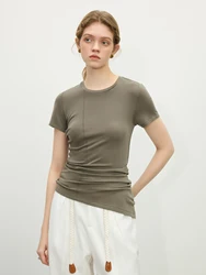 FSLE【3 Colors】Women Spring T-Shirts 19.5% Wool Slim Soft Irregular Hem Short Sleeve Tops Female Casual Stripe Tees 25FS11168