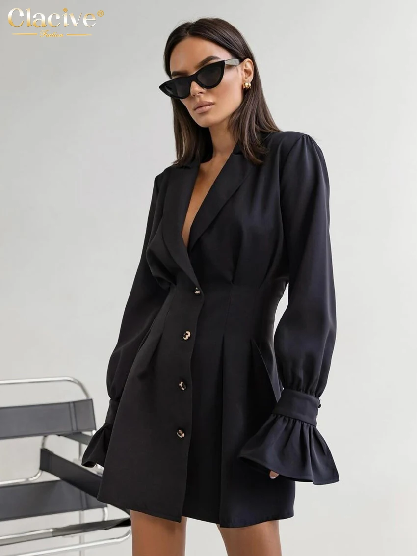 

Clacive Fashion Loose Black Women's Dress 2025 Elegant Lapel Long Sleeve Mini Dresses Casual Classic High Waist Female Dress