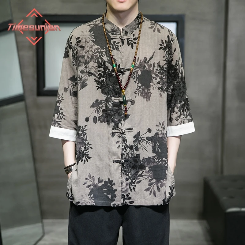 

Chinese Style Summer Cotton Linen Shirt for Men Tang Suit Linen Half Sleeve Printed Traditional Kung Fu China Type Hanfu Shirt