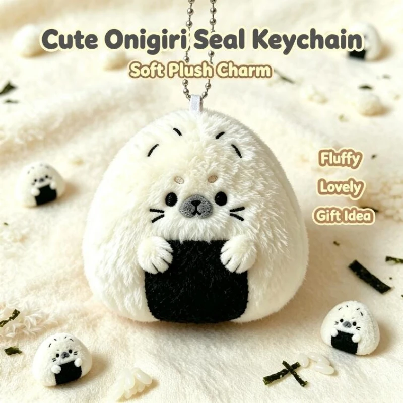 Kawaii Fluffy White Seal Plush Key Chain Japanese Rice Ball Design Stuffed Animal Pendant Backpack Ornament Lovely Key Accessory