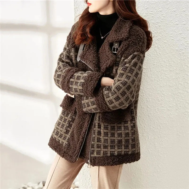 Autumn Winter Woolen Coat 2024 New Fashion Grain Fleece Warm Women\'s Cotton Coat Brown Zipper Outerwear Windbreaker Female