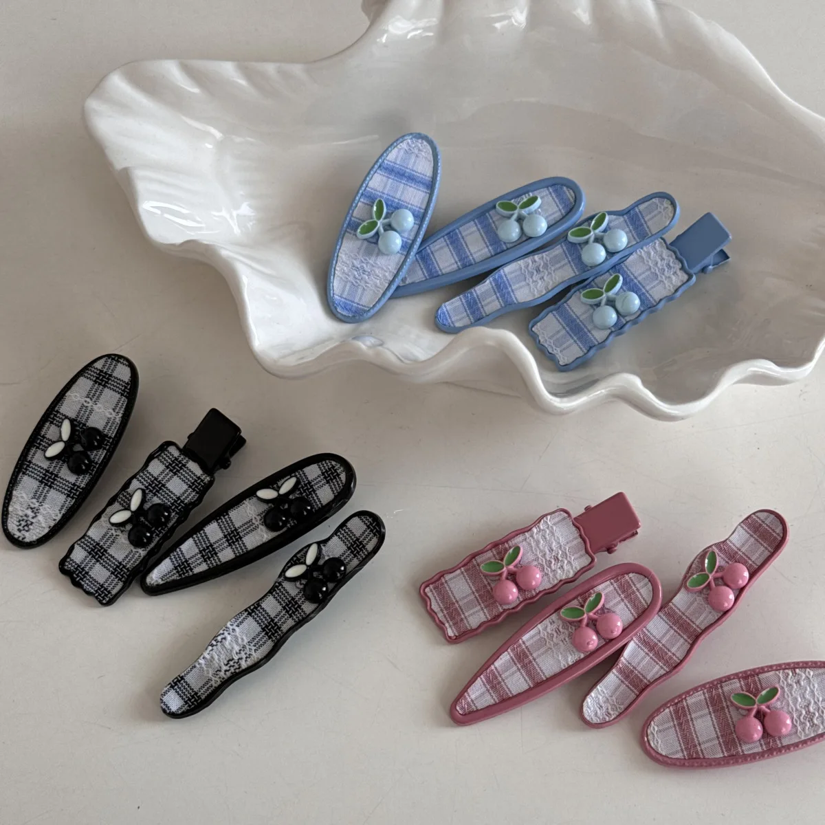 Sweet Plaid Hair Clip Cherry Versatile Niche Design Forehead Bangs Side Clip Super Fairy Women Girls Edge Clip Hair Accessories