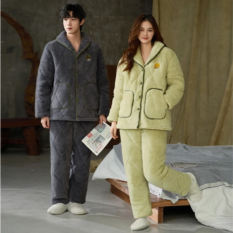 Thick Warm Winter Couple Pajamas Set 3 Layer Clip Cotton Pyjamas Casual Soft M-3XL Lovers Knitted Cotton Homewear Clothing