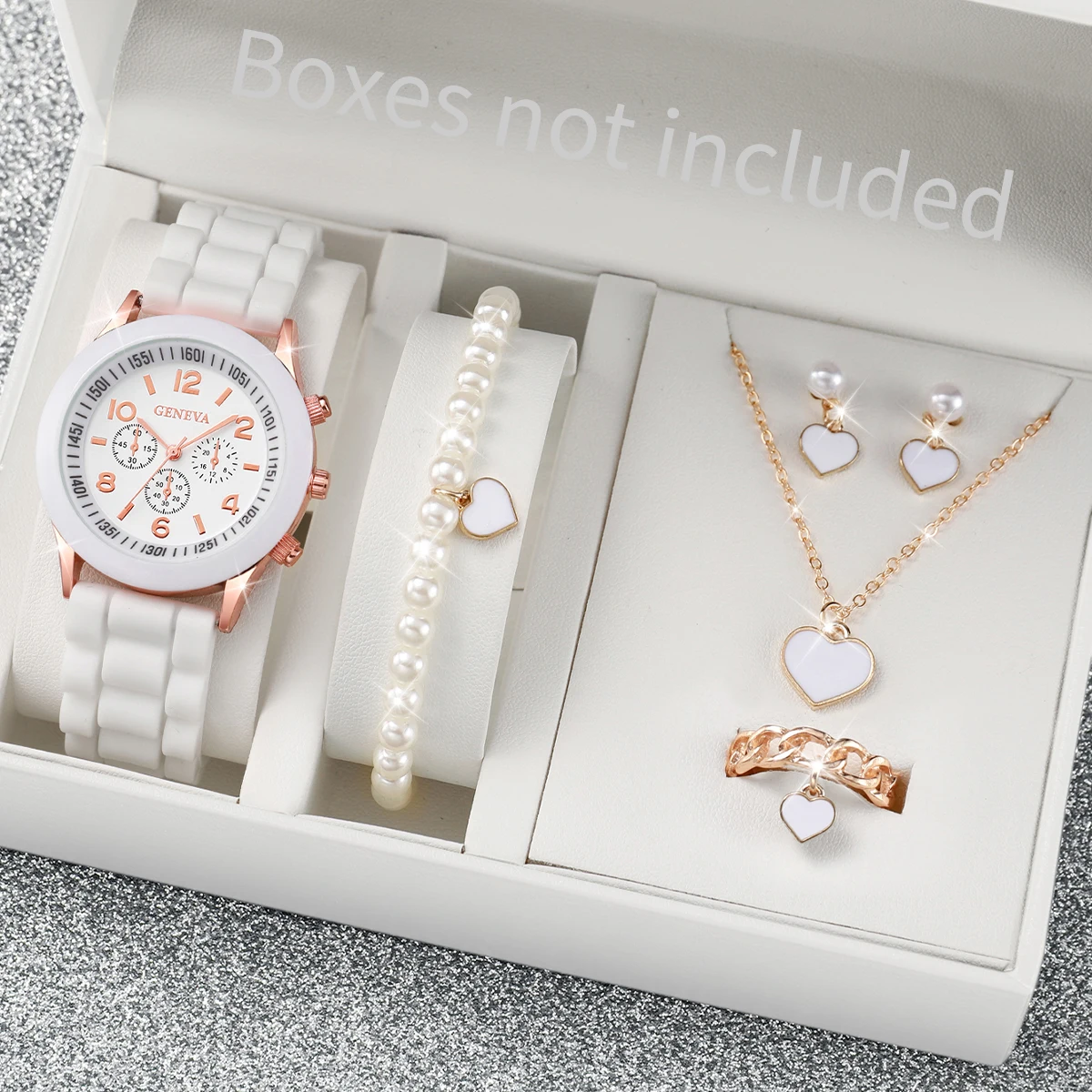 6PCS/Set Women\'s Watch Fashion Silicone Band Quartz Watches Pearls Heart Jewelry Set（Without Box）