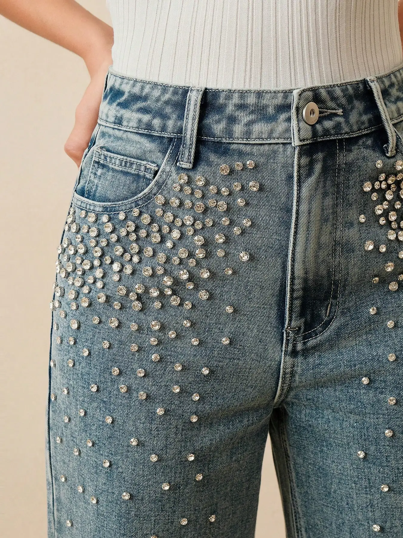 

Женские джинсы прямого кроя с высокой талией и стразами для вечеринок или повседневной носки