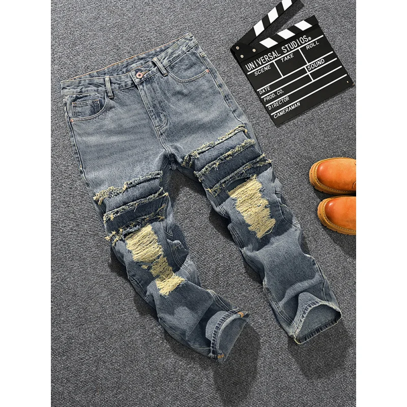 Marca de moda americana retro nostálgico solto perna reta jeans rasgados para homens, babados de rua e calças de perna larga elegantes