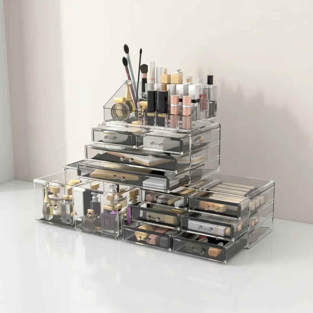 

Коробка для хранения органайзера для макияжа с 12 ящиками и прозрачным дисплеем, косметичка большой емкости для женщин