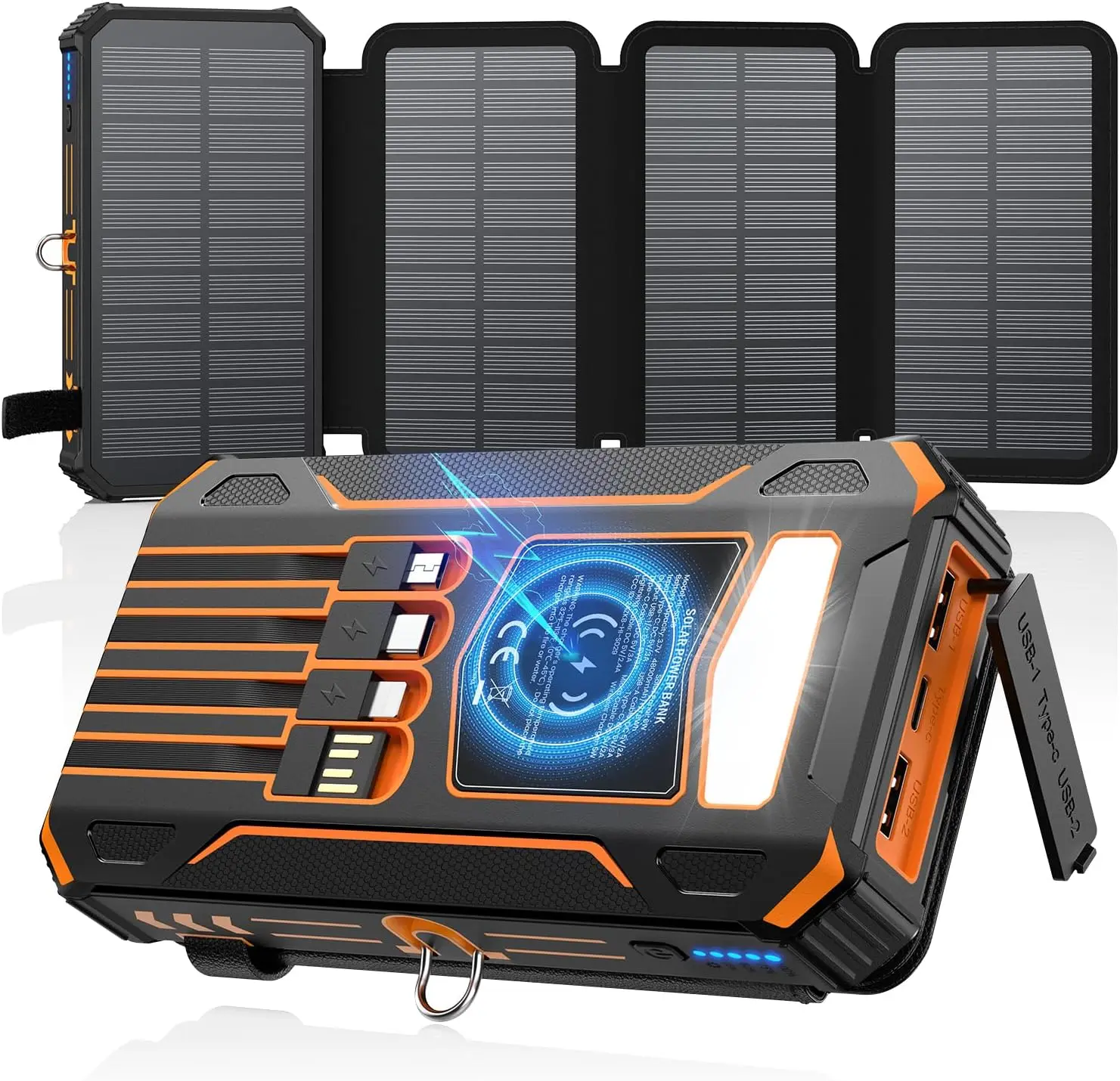 48000mAh Solar Power Bank with 4 Panels, Wireless Charging & Built-in Cables, Fast Charging for Camping Travel