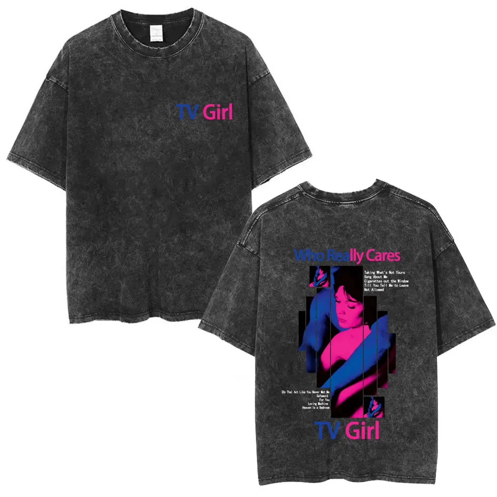 Washed Vintage TV Girl Who Really Cares Album Graphic T-shirt Men Women Fashion Oversized T Shirts Unisex Casual Cotton T-shirts