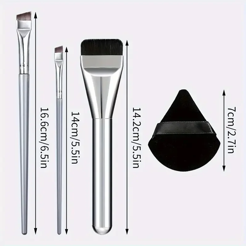 5pcs Makeup Brush Tool Set Ultra Thin One Line Foundation Brush with 2 Extra Eyeliner Brushes And 2 Triangle Shaped Powder Puffs