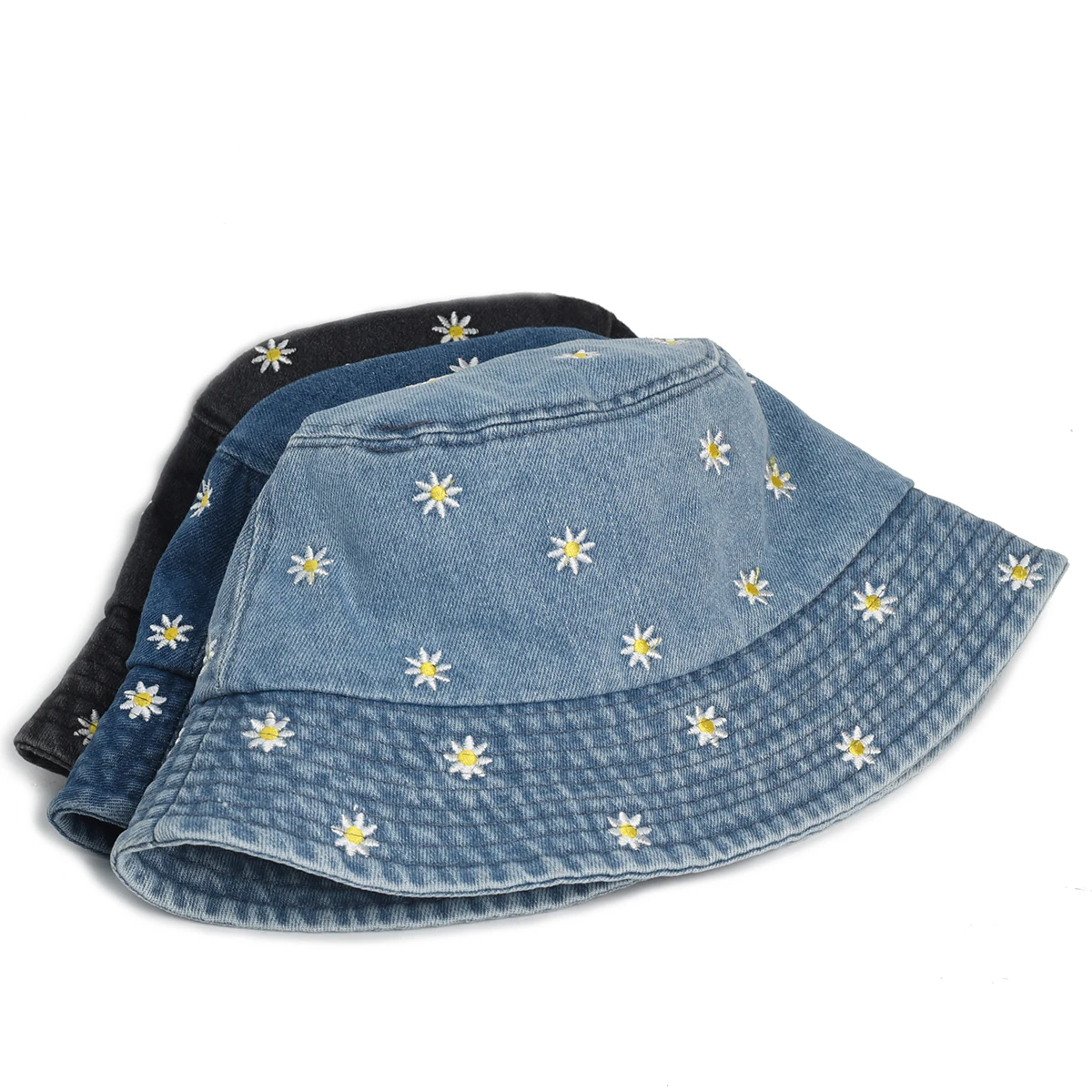 New Fisherman Hat Vintage Denim Bucket Hats Flower Outdoor Men Women Washed Cotton Panama Hat Fashion Hip Hop Gorros Bob Hat Ne