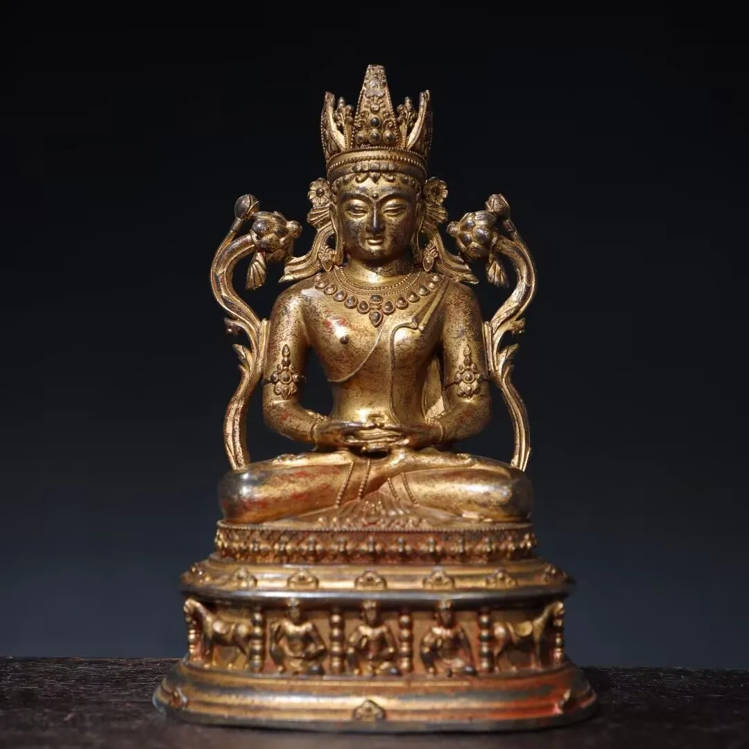 Nepalese Tibetan Bronze Clay Gold Vermilion Sand Painting of Longevity Buddha Guanyin Bodhisattva Tara Decoration 20cm Home and