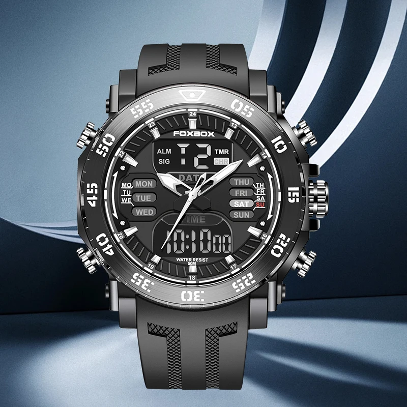 

FOXBOX Dual Display Digital Men's Watches Military Waterproof Luminous Man Watch Fashion Silicone Strap Weeks Electronics Clocks