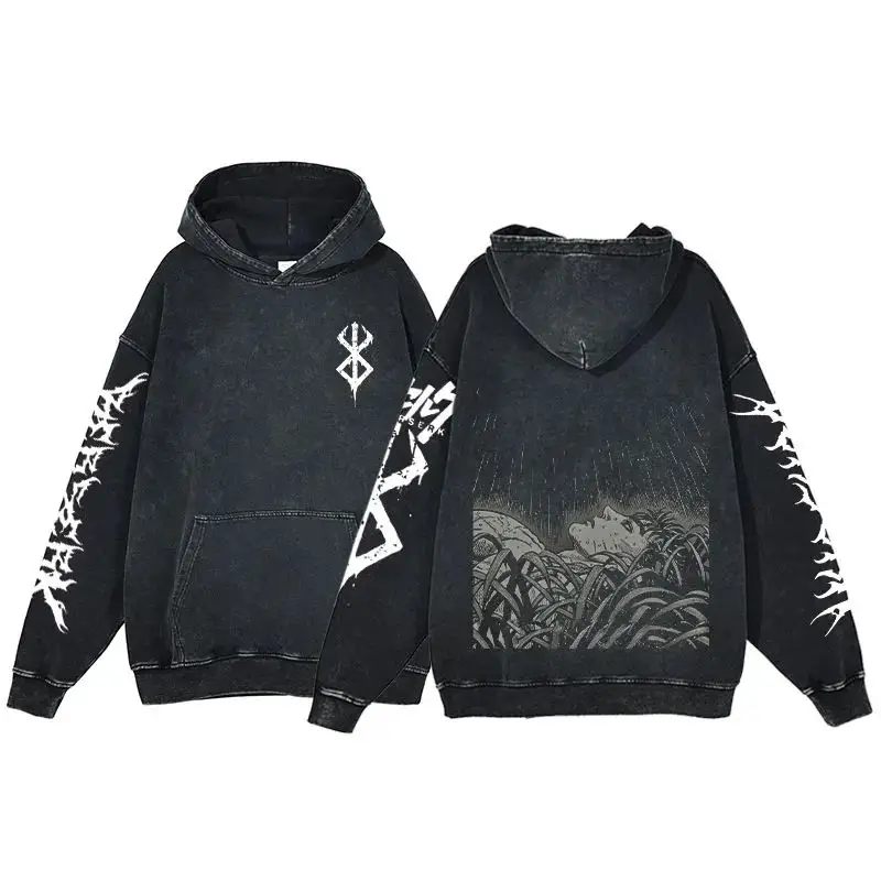 

2024 Berserk Anime Acid Washed Hoodie Clothing Vintage Cotton Hoodies Women Print Hip Hop Hooded Sweatshirts Y2K Clothes