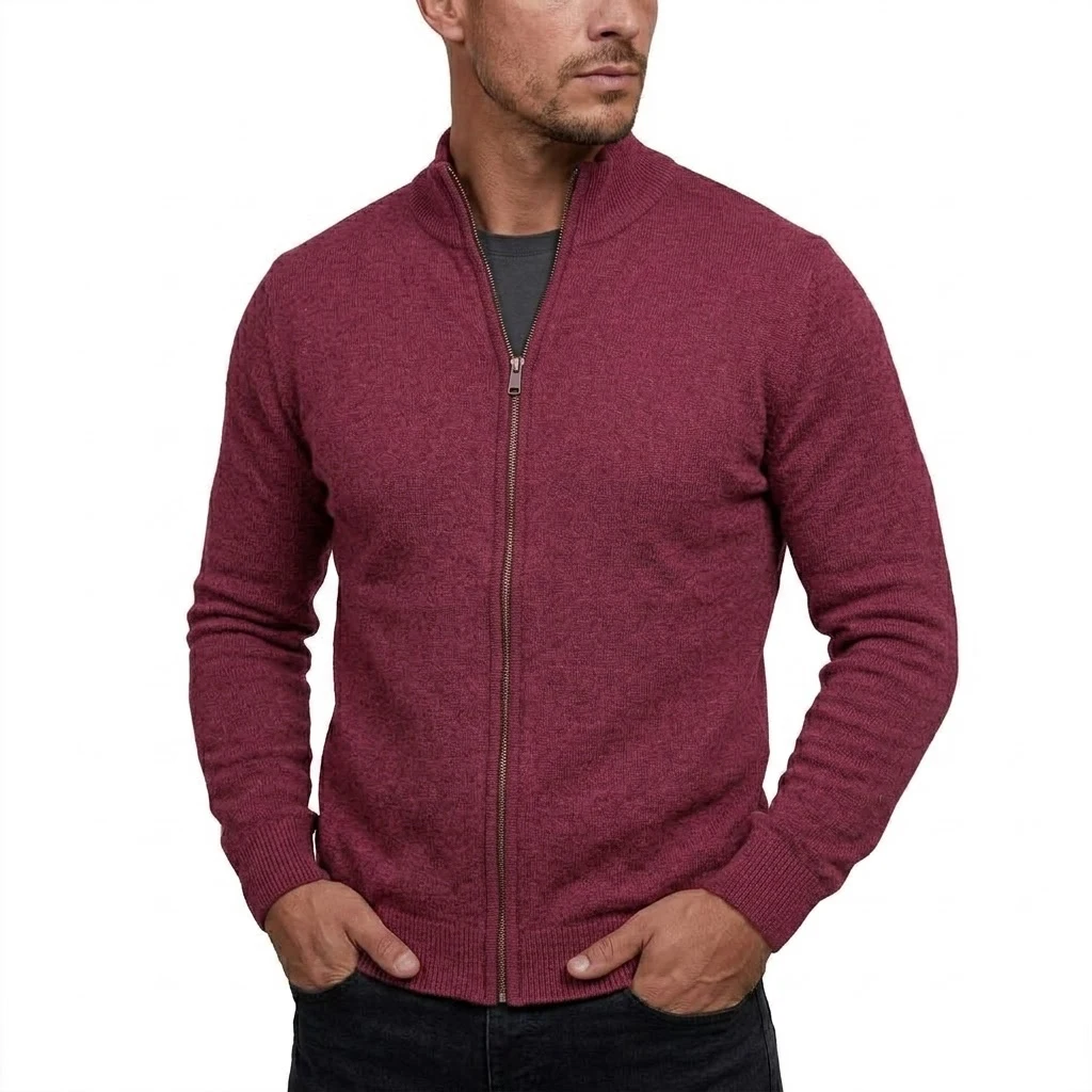 Herren-Strickjacke mit hohem Kragen und Reißverschluss, langärmelig, lässige Strickjacke, Mantel, Thermo-Strickware, Winter-Oberbekleidung mit Stehkragen – Detail 6