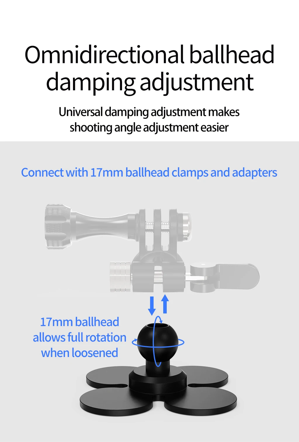 360 drehbare Helm-Kamerahalterung, flexible selbstklebende Basis, 17 mm Kugel für GoPro 13 12 11 Insta360 X4 X5 Ace Pro Motorradhalterung – Detail 5