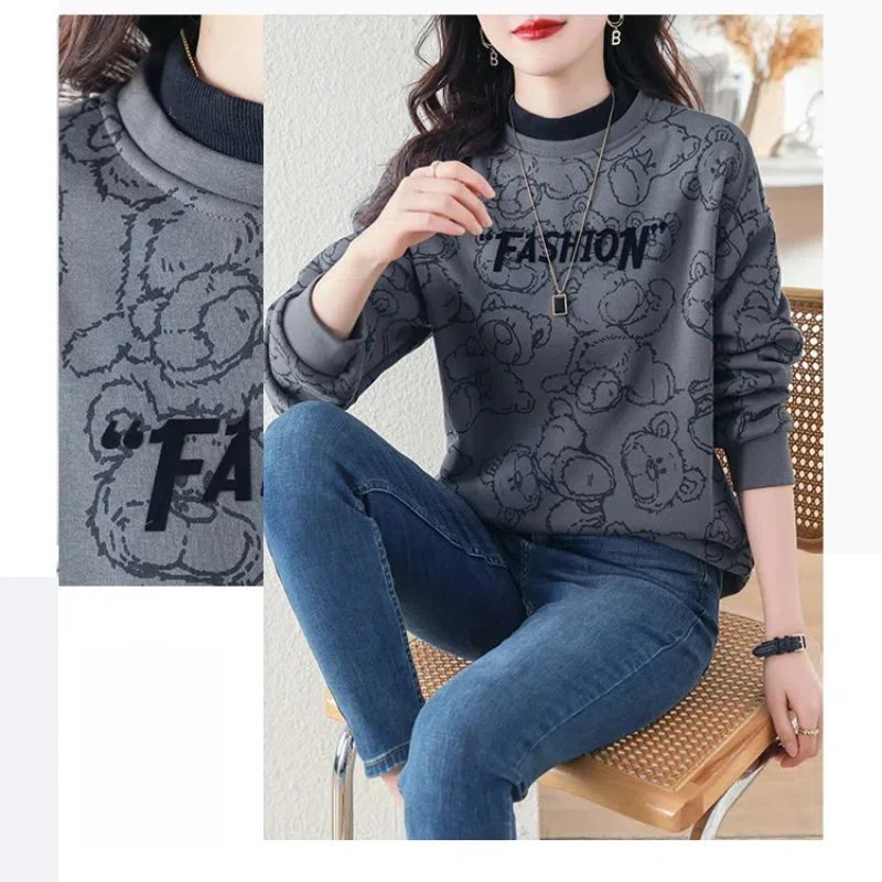 Women\'s Clothing Pullover Round Neck Letter Cartoon Patchwork Lantern Long Sleeve Hoodies Casual High Street Preppy Style Tops