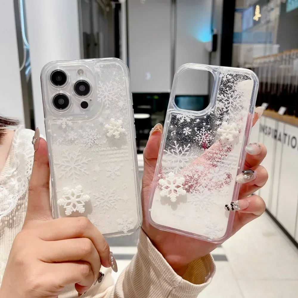 Glitter Quicksand Snowflakeนาฬิกาข้อมือสําหรับiPhone 16 15 14 Pro Max Plus 12 13 11 3Dดอกไม้สร้อยข้อมือลูกปัดกันกระแทก