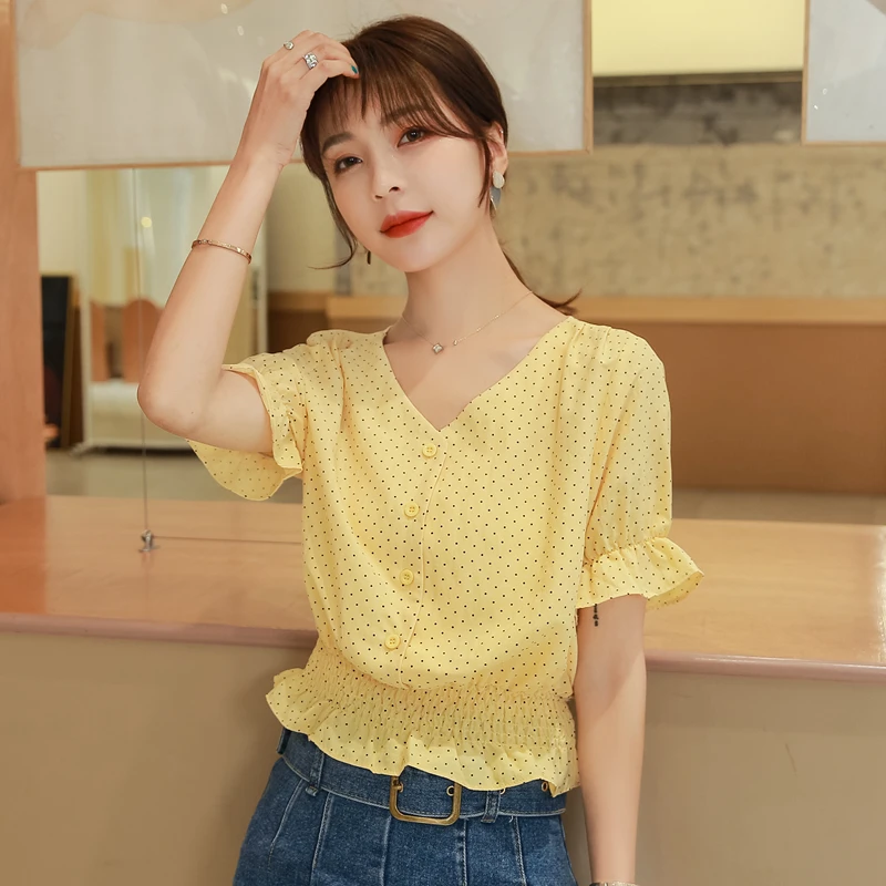 2024 Summer New Women\'s Korean Style V-neck Blouses Top Slim Waist Polka Dots Yellow Chiffon Shirt