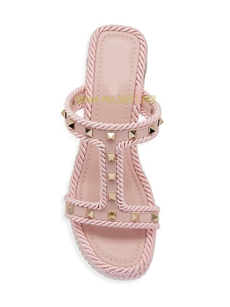 Pink Rockstud Espadrille Wedge Sandals T Strap Open Toe Platform Weave Heel Shallow Slip On Summer Women Dress Sandals